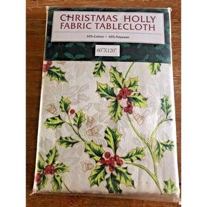 New Christmas Holly Fabric Tablecloth 60" x 120" Holiday Dining NOS Kitchen